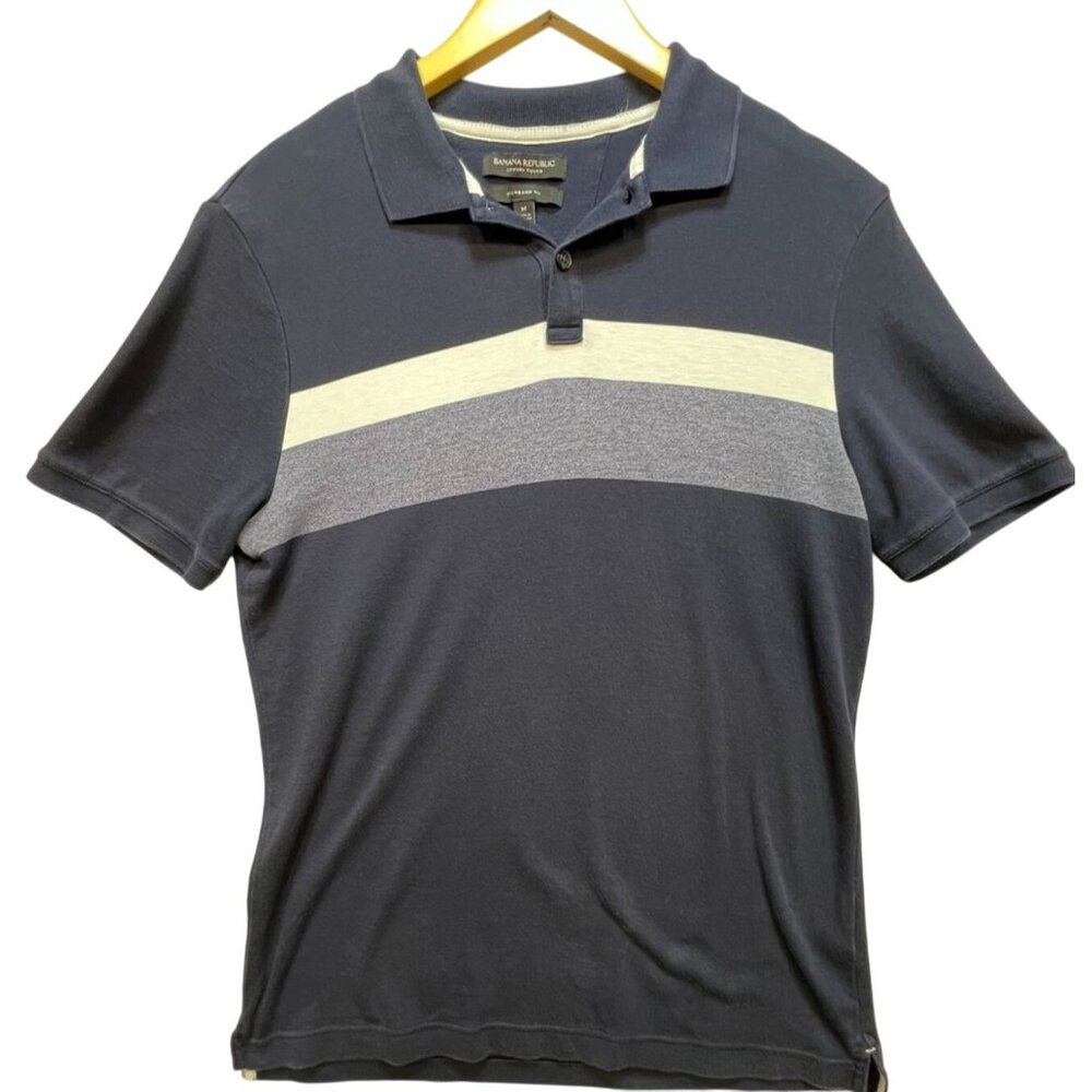 Banana Republic Men's Standard Fit Polo Shirt Short Sleeve Size M Navy Stripe